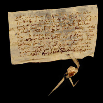 Skinnbrev fra 1400-tallet. To menn bevitner at Tord Bonde erkjenner å ha mottatt betaling av Aslak Olavsson for halvparten av gården Opshus Store i Valle. Brevet er forfattet i Valle i Sør-Audnedal. Det finnes i Diplomatarium Norvegicum VII nr. 414. (Foto: Riksarkivet) Skinnbrev fra 1400-tallet. To menn bevitner at Tord Bonde erkjenner å ha mottatt betaling av Aslak Olavsson for halvparten av gården Opshus Store i Valle. Brevet er forfattet i Valle i Sør-Audnedal. Det finnes i Diplomatarium Norvegicum VII nr. 414. (Foto: Riksarkivet)