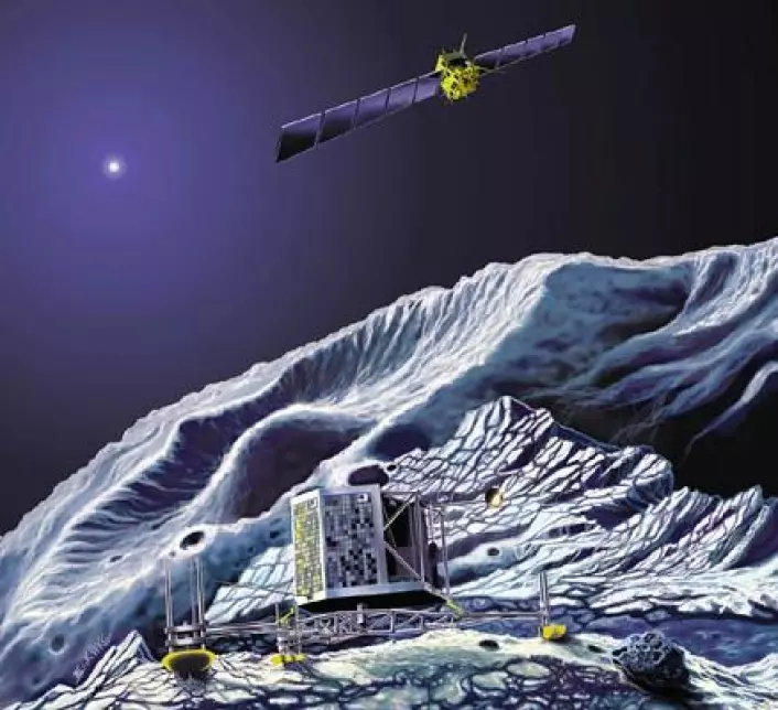 Når Rosetta er fremme ved målet, lander den en sonde på kometens overflate. Den skal undersøke kometens sammensetning og miljø. Illustrasjon: ESA