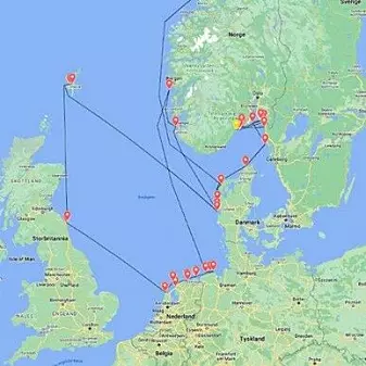 Map showing Freya’s movements. The five-year-old walrus female was first observed on 25 December 2019 in Troms. Since then, she has moved 5,000 kilometres closer, and has recently stayed in Kragerø. Later, she headed for Risør.
