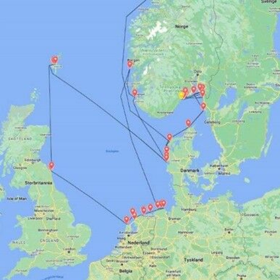 Map showing Freya’s movements. The five-year-old walrus female was first observed on 25 December 2019 in Troms. Since then, she has moved 5,000 kilometres closer, and has recently stayed in Kragerø. Later, she headed for Risør.