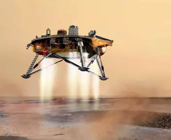 Phoenix Mars Lander inntar snart vår røde naboplanet. Under den siste delen av landingen, vil Phoenix bruke tolv små rakettmotorer til å lande mykt. (Illustrasjon: NASA/JPL/C. Waste)