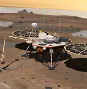 Etter landingen vil Phoenix Mars Lander slå ut de sirkelformete solcellepanelene og ta bilder av seg selv. Slik kan kontrollsenteret se at alt er i orden. Illustrasjon: (NASA/JPL/UA/Lockheed Martin)