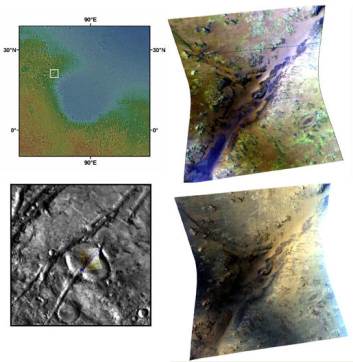 "Et bilde tatt med CRISM. De lysegrønne områdene viser forekomster av phyllosilikater, det leireaktige mineralet som kan fortelle oss om vannets historie på Mars. Illustrasjon: NASA/JPL/JHUAPL/Brown University " "Et bilde tatt med CRISM. De lysegrønne områdene viser forekomster av phyllosilikater, det leireaktige mineralet som kan fortelle oss om vannets historie på Mars. Illustrasjon: NASA/JPL/JHUAPL/Brown University "