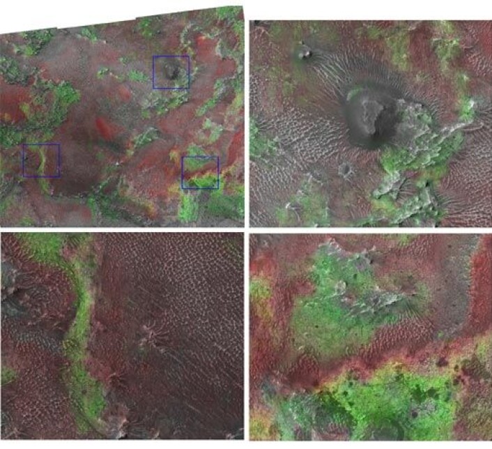 "De grønne områdene viser leireforekomster. Dette bildet er en kombinasjon av data fra CRISM og høydefinisjonskameraet ombord på MRO. Illustrasjon: NASA/JPL/JHUAPL/Brown University " "De grønne områdene viser leireforekomster. Dette bildet er en kombinasjon av data fra CRISM og høydefinisjonskameraet ombord på MRO. Illustrasjon: NASA/JPL/JHUAPL/Brown University "