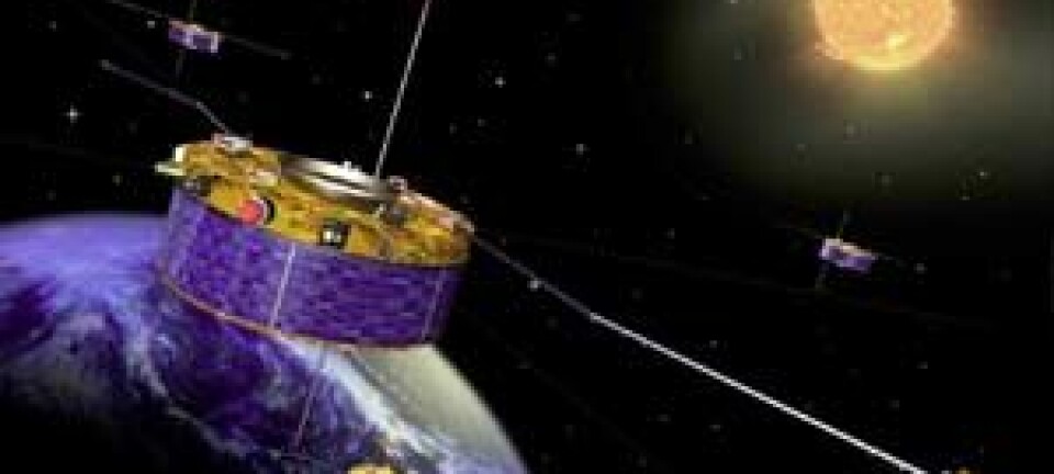 'Dei fire Cluster-satellittane i bane rundt jorda. (Ill:ESA/J.Huart)'