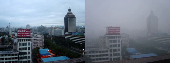 "Bildet til venstre er tatt i Bejing, etter to dager med luftrensende regn. Bildet til høyre er tatt på det som egentlig var en solrik dag, men viser hvordan smogen skygger for solen. (Foto: Bobak Ha'Eri - 2005/Wikimedia Commons)" "Bildet til venstre er tatt i Bejing, etter to dager med luftrensende regn. Bildet til høyre er tatt på det som egentlig var en solrik dag, men viser hvordan smogen skygger for solen. (Foto: Bobak Ha'Eri - 2005/Wikimedia Commons)"