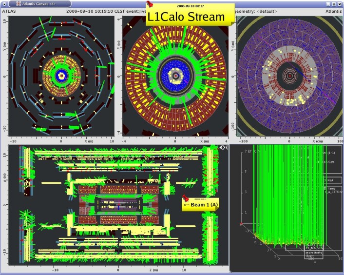 "Slik så den første protonstrålen ut på dataskjermene til ATLAS-detektoren. (Foto: CERN)" "Slik så den første protonstrålen ut på dataskjermene til ATLAS-detektoren. (Foto: CERN)"