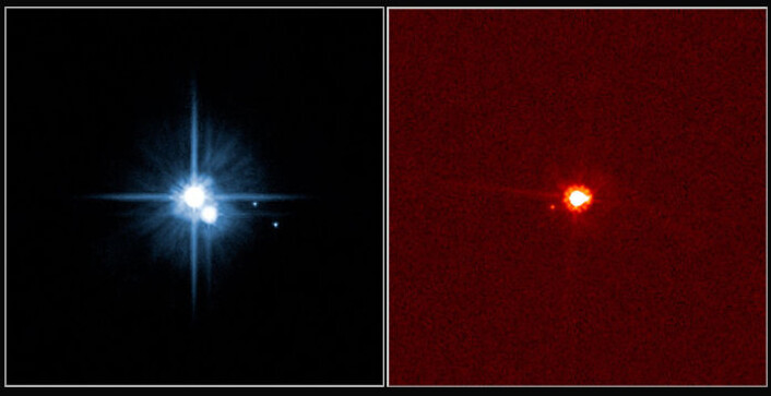 "Plutoidene Pluto og Eris. Bildene viser Pluto (venstre) med de tre månene Charon, Hydra og Nix, og Eris med månen Dysnomia. (Foto: International Astronomical Union)" "Plutoidene Pluto og Eris. Bildene viser Pluto (venstre) med de tre månene Charon, Hydra og Nix, og Eris med månen Dysnomia. (Foto: International Astronomical Union)"