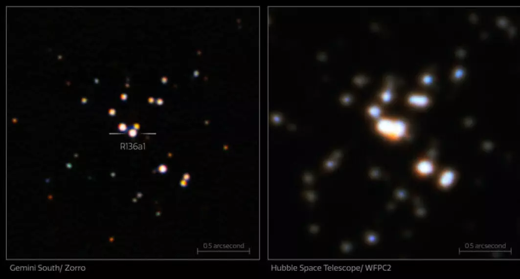 Her ser du to bilder av den gigantiske stjerna R136a1. Som du ser, er bildet til venstre mye skarpere. Det blir lettere å skille R136a1 fra de andre stjernene. Dermed kunne forskerne også finne et bedre svar på hvor stor den er.