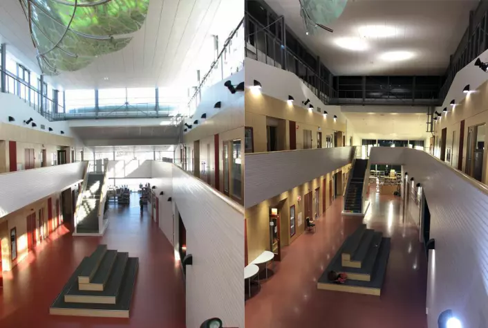 Foajeen i Fagereng skole i Tromsø med dagslys om sommeren (t.v.) og med kunstig lys om vinteren (t.h). Arkitekt: Fråne Hederus Malmström arkitekter og Arkitektlaget.
