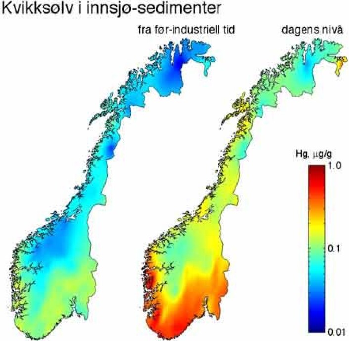 "Kartene over kvikksølvnivåene er basert på data som NIVA har samlet inn. De før-industrielle sedimentene ligger 30-50 cm under sedimentoverflaten. Dette er flere hundre år gamle sedimenter. Konsentrasjonenene her er nær de naturlige bakgrunnsnivåene. Dagens nivå er konsentrasjonene i overflatesedimentene (sjiktet 0-5 mm under sedimentoverflaten)." "Kartene over kvikksølvnivåene er basert på data som NIVA har samlet inn. De før-industrielle sedimentene ligger 30-50 cm under sedimentoverflaten. Dette er flere hundre år gamle sedimenter. Konsentrasjonenene her er nær de naturlige bakgrunnsnivåene. Dagens nivå er konsentrasjonene i overflatesedimentene (sjiktet 0-5 mm under sedimentoverflaten)."