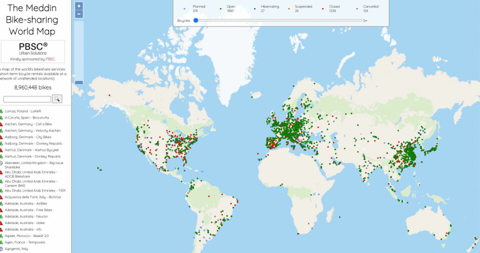 The Meddin Bike-sharing World Map provides a searchable map of bike-sharing services across the globe. The database reports more than 3,000 difference services with nearly 9 million bicycles, mostly concentrated in Europe, Asia and the United States.