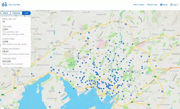 The Oslo City Bike map, showing parking locations and how many bicycles are at each location. Researchers used real-life data from Oslo City Bikes to test their optimisation model.