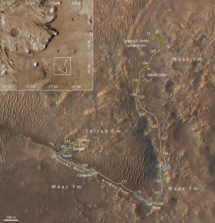 Her kan du se ruten til Perseverance. Tallene viser antall Mars-døgn etter landing. Det var rundt dag 200, på vei inn i området som heter Séitah, at Rimfax har observert at bergartene tipper nedover.