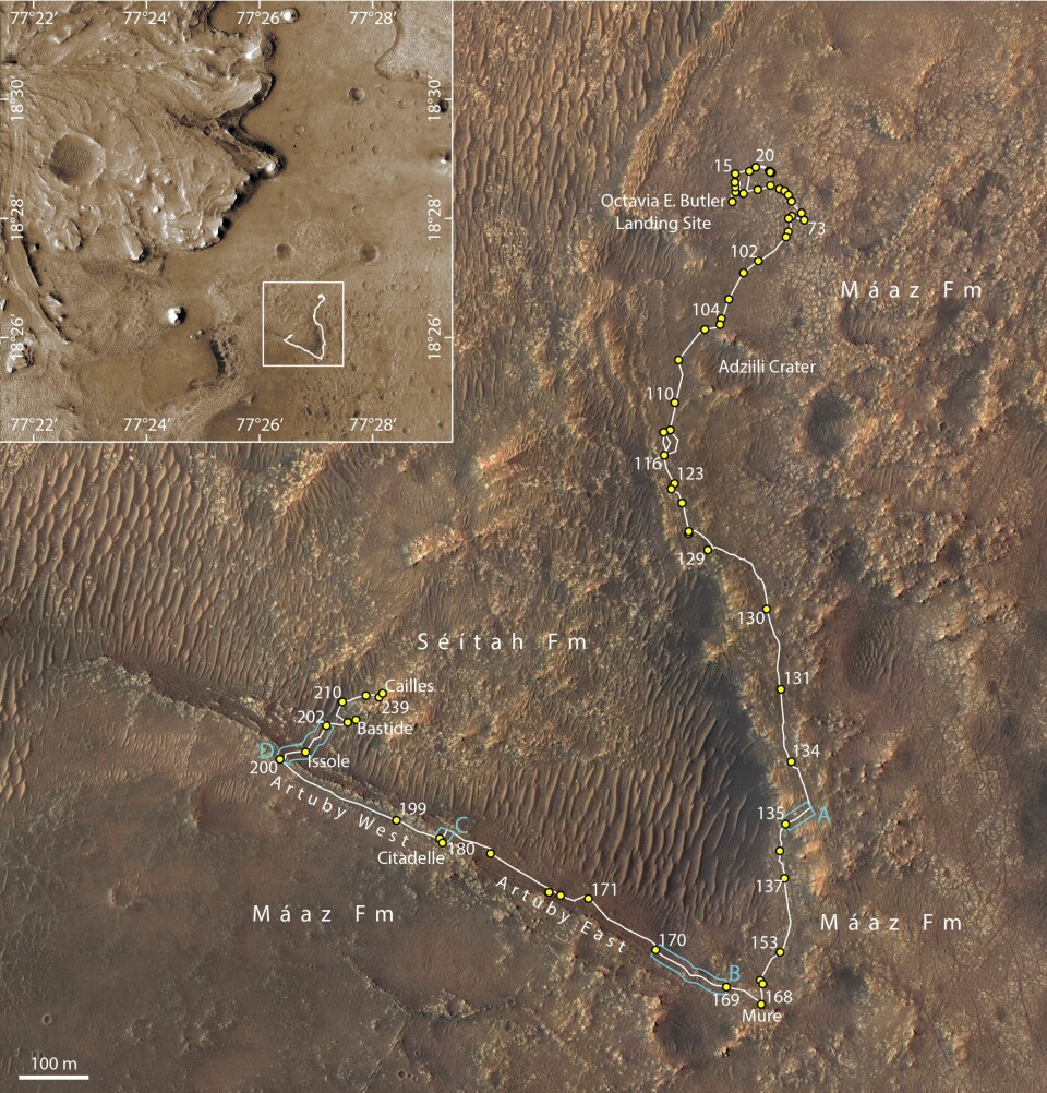 Here you can see the route of Perseverance. The numbers indicate the number of Martian days after landing. It was around day 200, on the way into the area called Séitah, that RIMFAX observed the rocks tipping downwards.