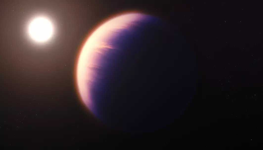 Det nye romteleskopet James Webb har studert atmosfæren til planeten WASP-39 b. Her er en illustrasjon av hvordan planeten kan se ut.