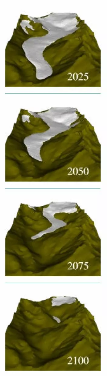 "Slik er den dystre utviklingen for isbreen de kommende årene, ifølge den nye datamodellen.  (Illustrasjon: EPFL)"