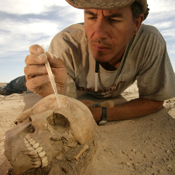 Paleontologen Paul Sereno fra University of Chicago stabiliserer den nesten perfekt bevarte hodeskallen av en kvinnelig Tenerian, funnet på det arkeologiske feltet Gobero i Niger. (Foto: Mike Hettwer, Project Exploration) Paleontologen Paul Sereno fra University of Chicago stabiliserer den nesten perfekt bevarte hodeskallen av en kvinnelig Tenerian, funnet på det arkeologiske feltet Gobero i Niger. (Foto: Mike Hettwer, Project Exploration)