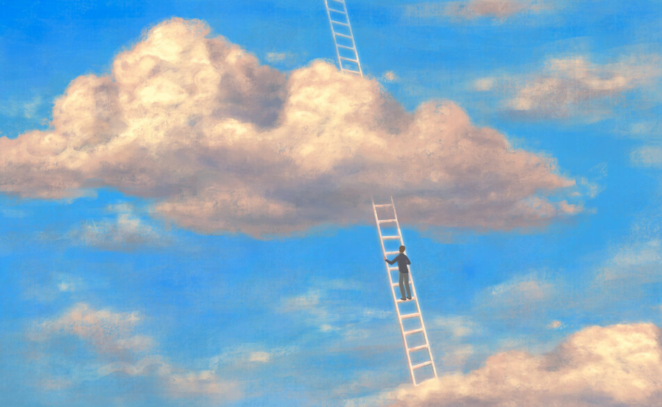 En mann klatrer opp en stige i en drøm.