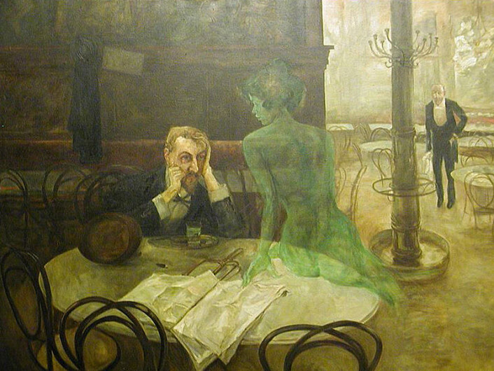 "'Absintdrikkingens gleder slik kunstneren Viktor Oliva forestilte seg dem i 1901. (Foto hentet fra Wikipedia.)" "'Absintdrikkingens gleder slik kunstneren Viktor Oliva forestilte seg dem i 1901. (Foto hentet fra Wikipedia.)"