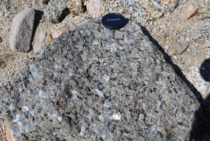 Bildet viser en nær antarktisk slektning av bergarten larvikitt.