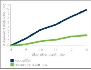 Overgangen fra ferskvann til sjøvann er en krevende periode for laksen, og den kan ha nedsatt forsvar mot sykdom. Ved bruk av små mengder TTA i forsøksfôret ble dødeligheten av IPN redusert til en tredjedel. Overgangen fra ferskvann til sjøvann er en krevende periode for laksen, og den kan ha nedsatt forsvar mot sykdom. Ved bruk av små mengder TTA i forsøksfôret ble dødeligheten av IPN redusert til en tredjedel.
