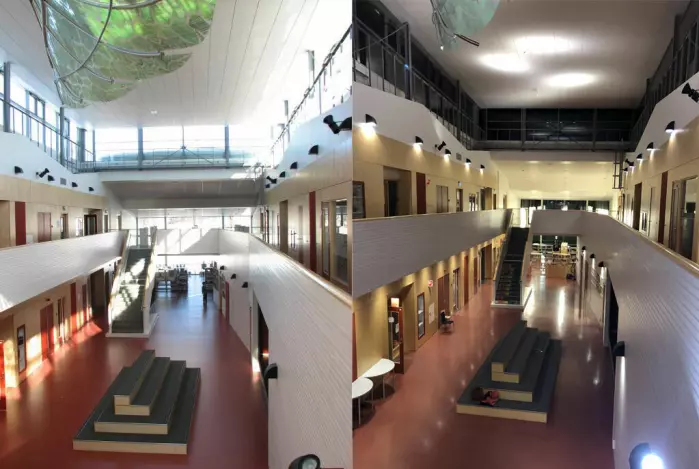 The entrance area of Fagereng school in Tromsø photographed in daylight during the summer (left) and under artificial lighting in winter (right). Architects: Fråne Hederus Malmström arkitekter and Arkitektlaget.