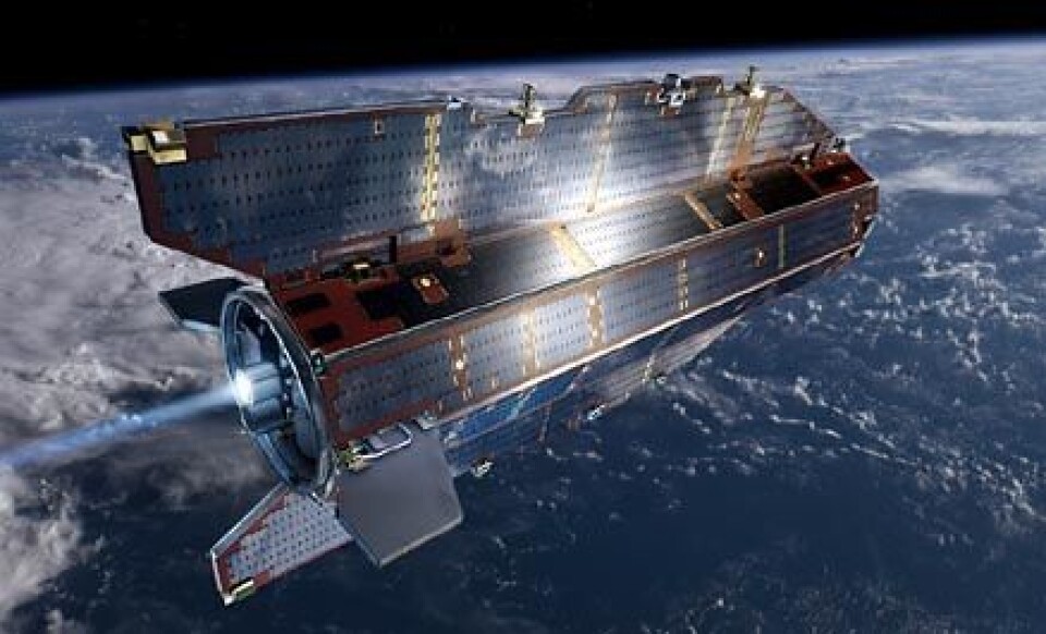 Den europeiske satellitten GOCE skal måle jordas tyngdefelt. (Illustrasjon: ESA)