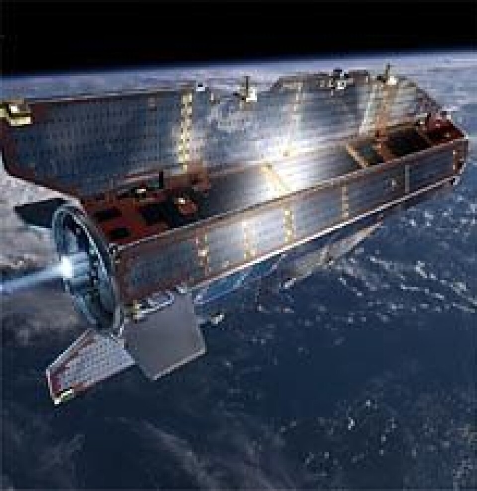 Den europeiske satellitten GOCE skal måle jordas tyngdefelt. (Illustrasjon: ESA)