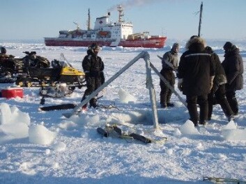 "Fangst av dyreplankton på isen med "CCGS Amundsen". Planktonnettet hives ved bruk av en tripod. (Foto: Stig Falk Petersen/Norsk Polarinstitutt) "Fangst av dyreplankton på isen med "CCGS Amundsen". Planktonnettet hives ved bruk av en tripod. (Foto: Stig Falk Petersen/Norsk Polarinstitutt)