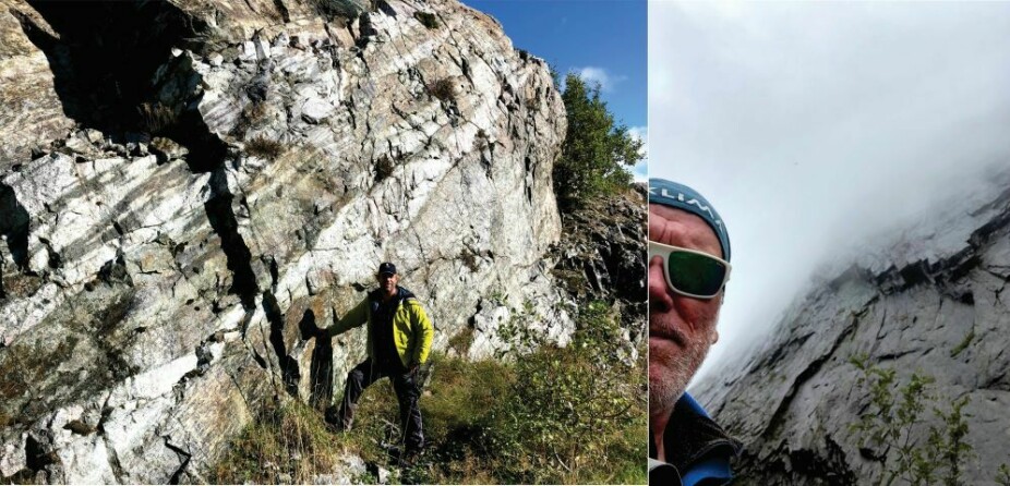 Feltarbeidet i Ørsdålen har vært krevende med bratte fjell og utslitte forsker-knær. Trond Slagstad (til venstre) studerer strukturgeologi på skjærsonen. Iain Henderson (til høyre) er på vei opp de bratte fjellskråningene til Ørsdalen.