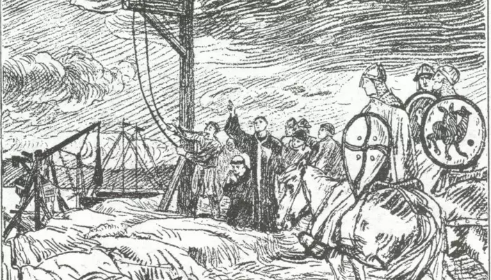 Hengingen av Reinald i Bergen i 1135: Illustrasjon av hengingen i 1899-utgaven av Heimskringla.