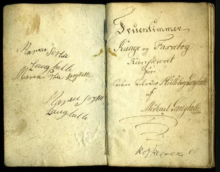 Første side i kokeboken fra Stavanger. Den har tilhørt Langballefamilien, og dateres til siste del av 1790-årene og inn til 1820-årene. (Bevart på Statsarkivet i Stavanger)