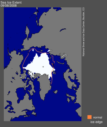 Kartet viser isutbredelsen i Arktis 8. sept. 2008. Den orange linjen viser normalutbredelsen, dvs. gjennomsnittet for denne dagen i perioden 1979 til 2000. (Kilde: National Snow and Ice Data Center) Kartet viser isutbredelsen i Arktis 8. sept. 2008. Den orange linjen viser normalutbredelsen, dvs. gjennomsnittet for denne dagen i perioden 1979 til 2000. (Kilde: National Snow and Ice Data Center)