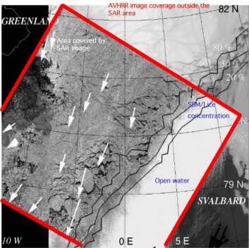 Isdriften gjennom Framstredet blir målt hver 3.dag i antall kvadratkilometer som passerer breddegraden 79N. Pilene viser isens bevegelse på 3 dager i februar oppå et ASAR bilde, dvs. radarsensor oppe i en satellitt. (Figur: Kjell Kloster, Nansensenteret) Isdriften gjennom Framstredet blir målt hver 3.dag i antall kvadratkilometer som passerer breddegraden 79N. Pilene viser isens bevegelse på 3 dager i februar oppå et ASAR bilde, dvs. radarsensor oppe i en satellitt. (Figur: Kjell Kloster, Nansensenteret)