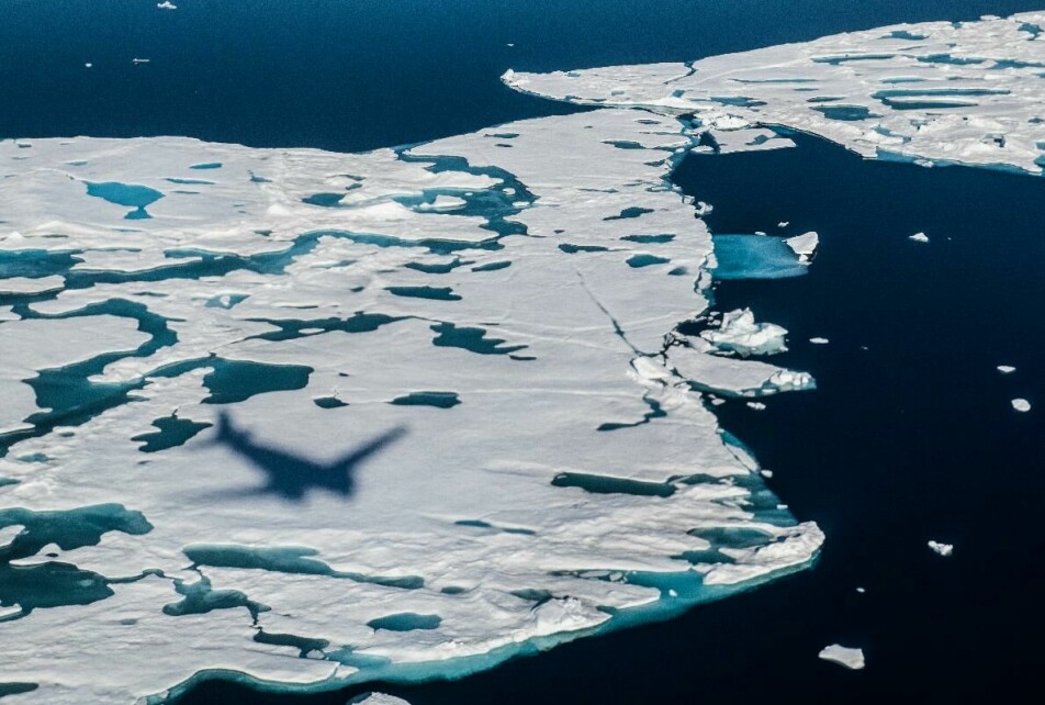 The image shows melting sea ice in the Arctic photographed from the Alfred Wegener Institute’s airborne sea-ice survey IceBird.