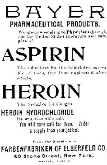 "Slik reklamerte Bayer for heroin og aspirin i USA i 1897." "Slik reklamerte Bayer for heroin og aspirin i USA i 1897."