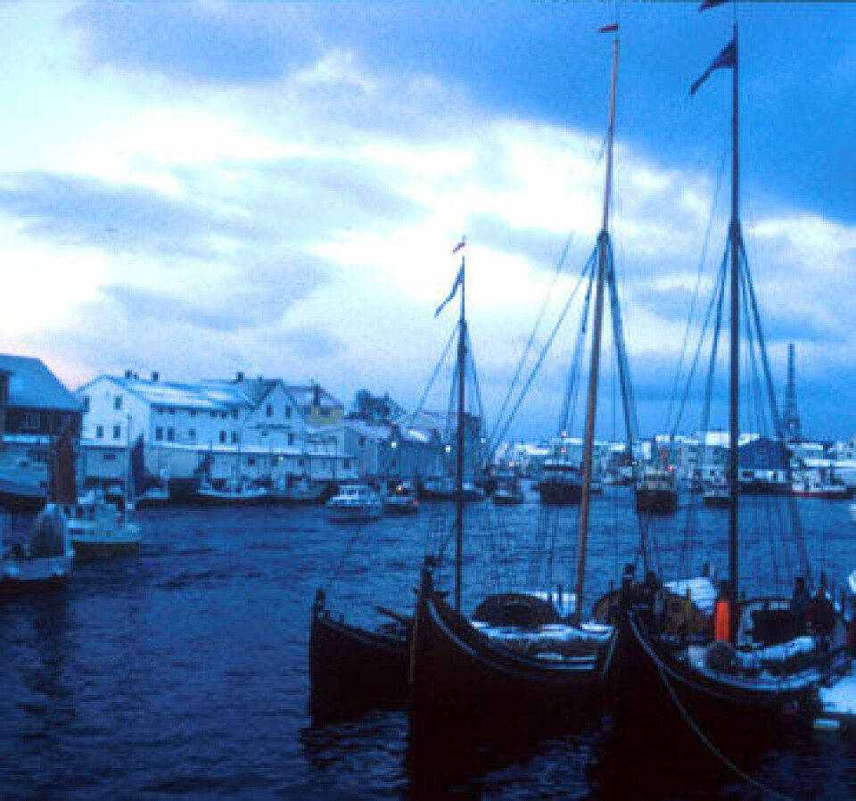 'Flere tradisjonelle båter deltar under Lofotfisket. Her fra Henningsvær. Bildet viser Drauen, Vågar, Salarøy og Braute. (Foto: Arne-Terje Sæther)'