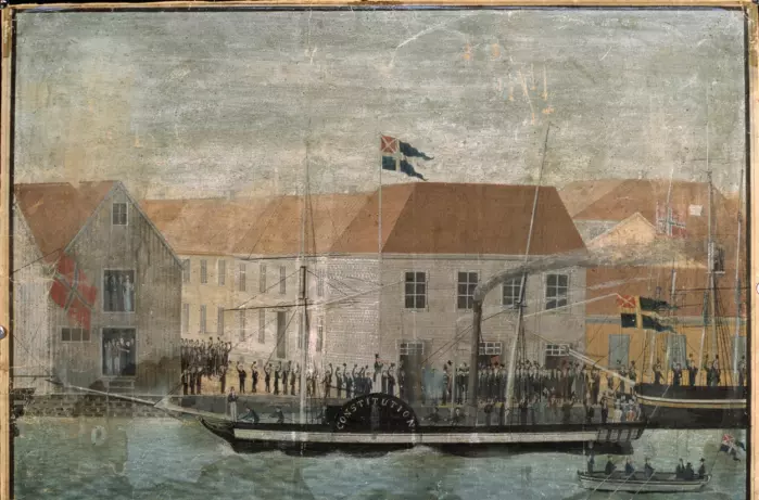 Dampskipet Constitutionen idet den kommer til Christiania havn 17. mai 1829.