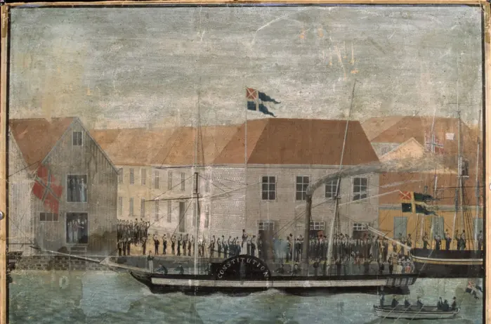 Dampskipet Constitutionen idet den kommer til Christiania havn 17. mai 1829. Dampskipet Constitutionen idet den kommer til Christiania havn 17. mai 1829.