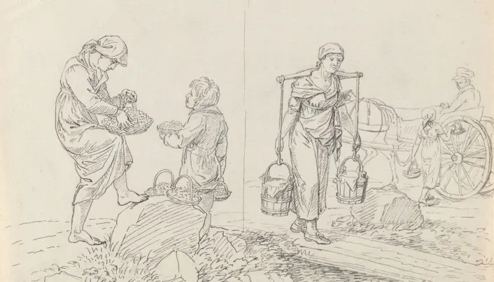 Jordbær- og tyttebærselgere på Drammensveien ved Christiania. Jordbær- og tyttebærselgere på Drammensveien ved Christiania.
