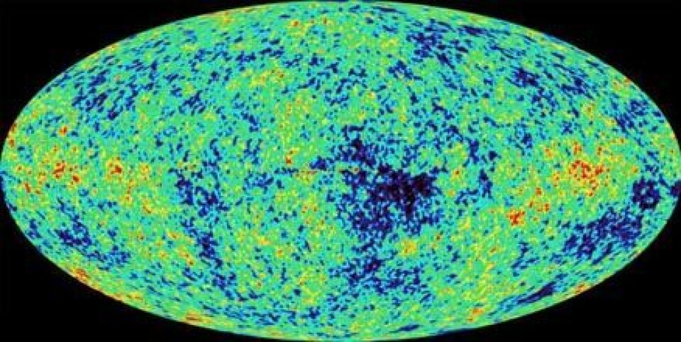 'Slik ser den kosmiske bakgrunnsstrålingen ut, målt av romsonden WMAP. Illustrasjon: NASA/WMAP'