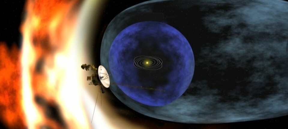 Illustrasjonen viser romsonden Voyager 2 som studerer heliosfærens ytre grenser (Illustrasjon: NASA/JPL)