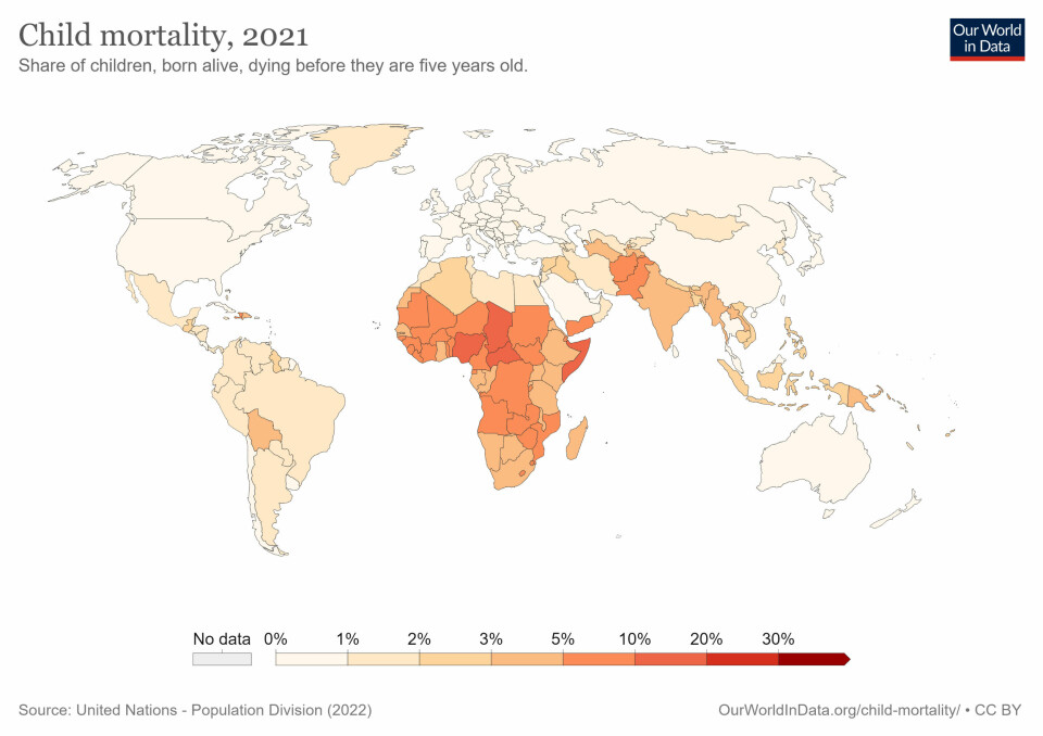 Child mortality is highest in countries south of the Sahara, including Somalia, Nigeria and Chad.