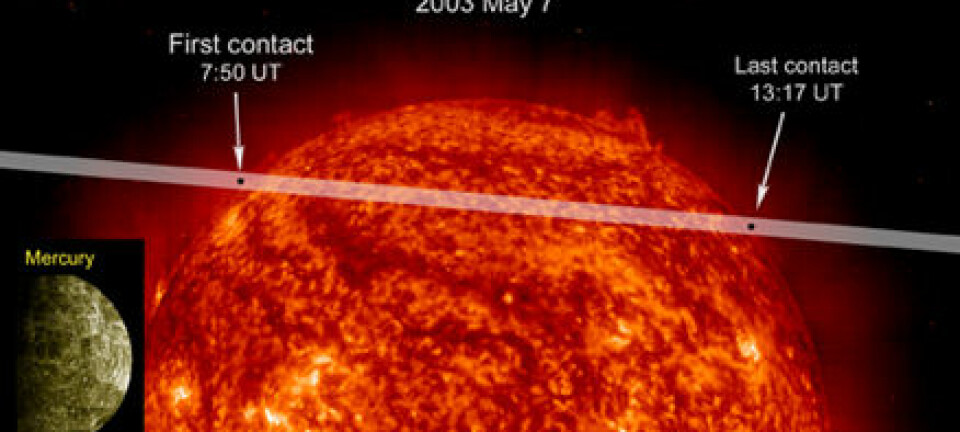 "Merkur er den innerste planeten i solsystemet, og den 7. mai lager den en bitteliten solformørkelse. (Illustrasjon: ESA/NASA)"