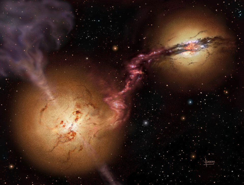 'Slik ser forskerne for seg at 4C60.07 og nabogallaksen så ut for 12 milliarder år siden. Galaksen til venstre i illustrasjonen har omformet mesteparten av gassene til stjerner, mens det sorte hullet i midten av galaksen slynger ut ladede partikler i to voldsomme jetstrømmer. Galaksen til høyre gjemmer også på et sort hull. Store mengder stjerner er i formasjon. (Illustrasjon: David A. Hardy/UK ATC)'