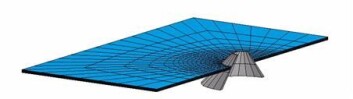 Elementnett for simulering av interaksjonsprosess mellom isflak og konisk konstruksjon. (Illustrasjon: Norut Narvik) Elementnett for simulering av interaksjonsprosess mellom isflak og konisk konstruksjon. (Illustrasjon: Norut Narvik)