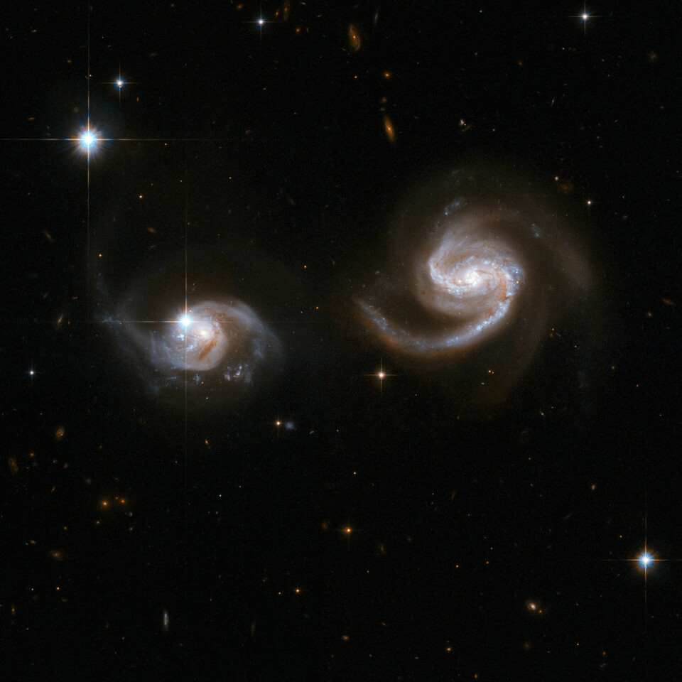 'Den minste spiralgalaksen, til venstre i bildet, vil trolig bli slukt av den andre. En begynnende påvirkning kan tydelig sees som utflytende tråder fra begge galaksene. Den store galaksen kalles LEDA 62867, og var åsted for en enorm supernovaeksplosjon i 2004. Galaksene er omlag 350 millioner lysår unna. (Foto: NASA/ESA)'
