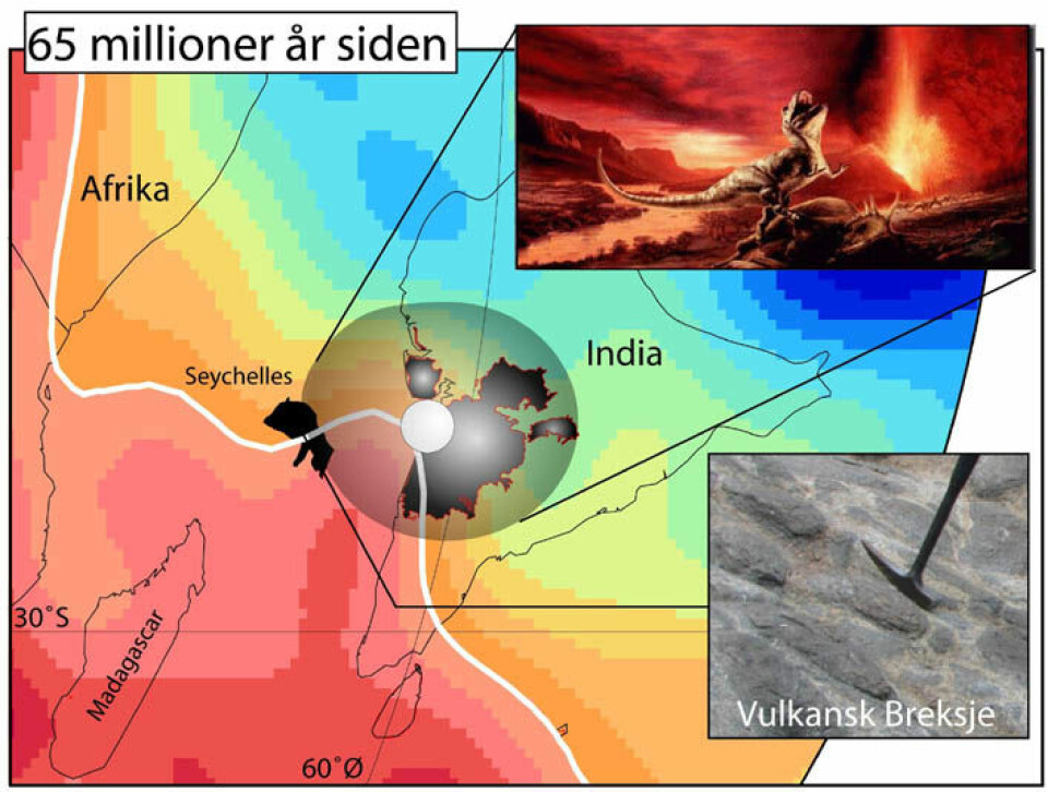 'Rekonstruksjon av India, Seychellene, Madagaskar og Afrika fra omkring 65 millioner år siden. Seychellene hang sammen med India. Hypotesen er at storstilt vulkanisme i Deccan i India er den samme som den observerte på Seychellene, og at vulkansimen er relatert et såkalt varmepunkt (hotspot), som skyldes en varmesøyle fra overgangen mellom mantel og kjerne. Røde (negative) til blå (positive) bakgrunnsfarger er seismiske hastighetsanomalier nær mantel/kjerneovergangen i tidlig tertiær tid. Nyere forskning laget for Geodynamikk viser at nesten alle store vulkanske provinser (SVP) har sitt opphav fra denne overgangen nær den tykke hvite linjen.'
