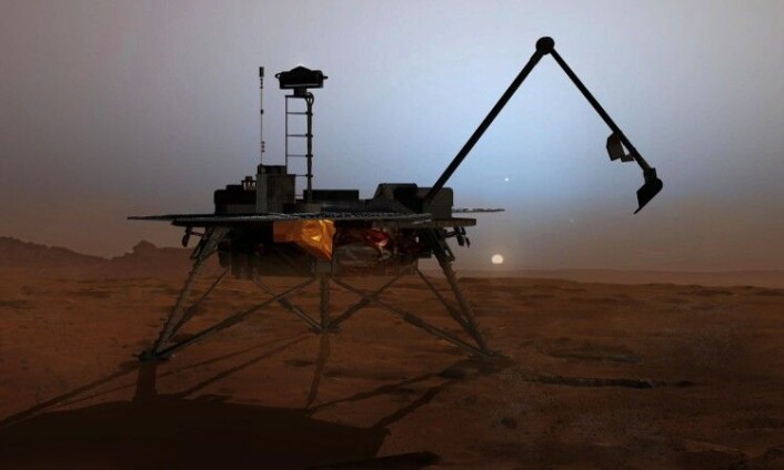 Dette er en illustrasjon av NASAs Phoenix Lander, som har kuttet flere og flere av sine operasjoner siden vinteren satte inn. Det betyr snart slutten på oppdraget, for om kort tid kan ikke solcellepanelet lade batteriene lenger. Frost som legger seg over regionen etter hvert som atmosfæren nedkjøles, vil etter hvert dekke Phoenix med is. (Foto: NASA/JPL-Calech/University of Arizona) Dette er en illustrasjon av NASAs Phoenix Lander, som har kuttet flere og flere av sine operasjoner siden vinteren satte inn. Det betyr snart slutten på oppdraget, for om kort tid kan ikke solcellepanelet lade batteriene lenger. Frost som legger seg over regionen etter hvert som atmosfæren nedkjøles, vil etter hvert dekke Phoenix med is. (Foto: NASA/JPL-Calech/University of Arizona)